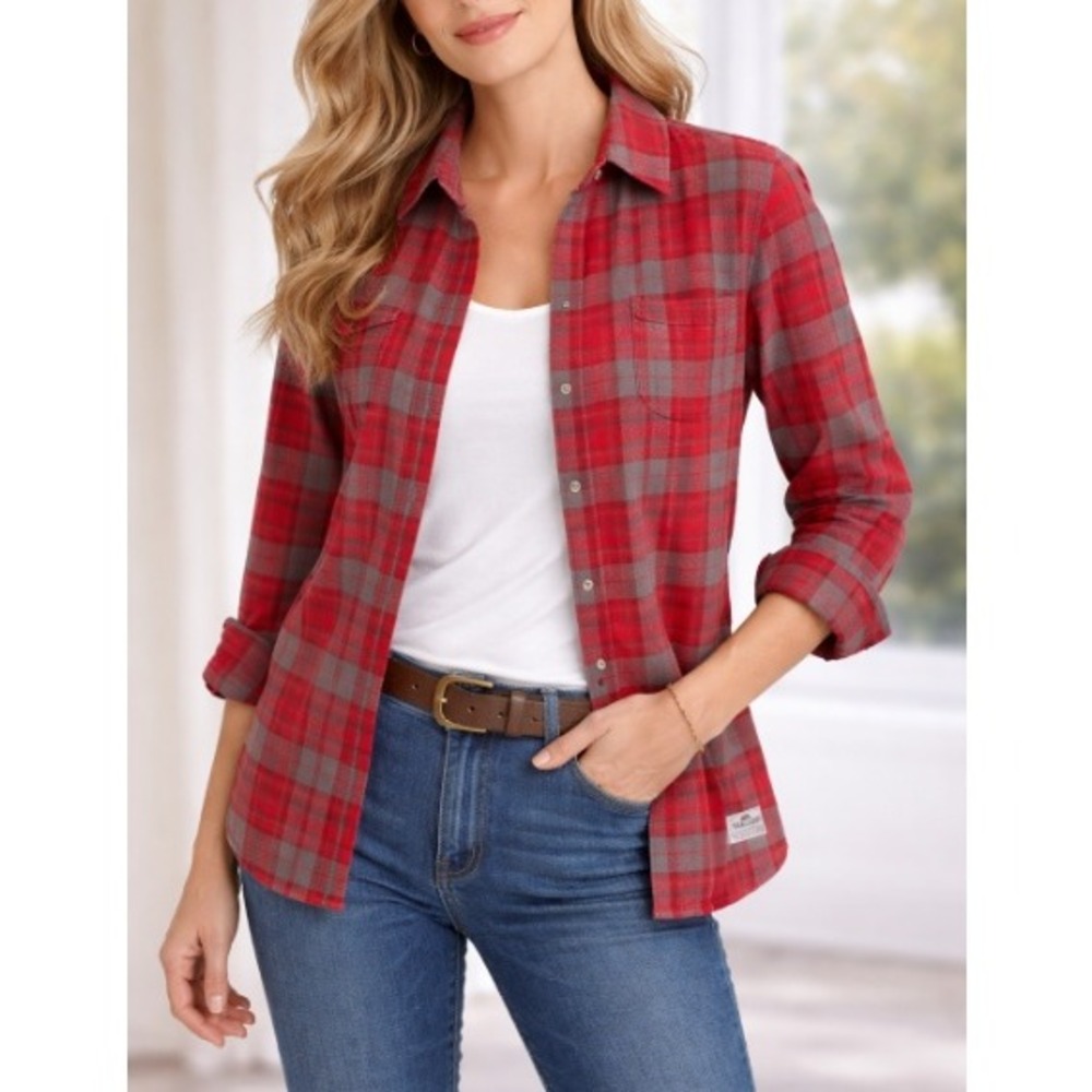 Penfield Women's Red Plaid Boyfriend Fit Button Down Flannel Shirt‎ Size S
